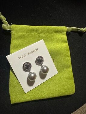 Tory Burch Silver Crystal and Pearl Drop Earrings